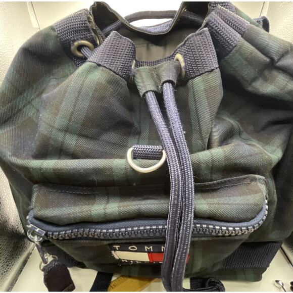 1990s Tommy‎ Hilfiger Plaid Backpack Navy Green Big Flag Logo Spellout Korea VTG - Picture 12 of 16